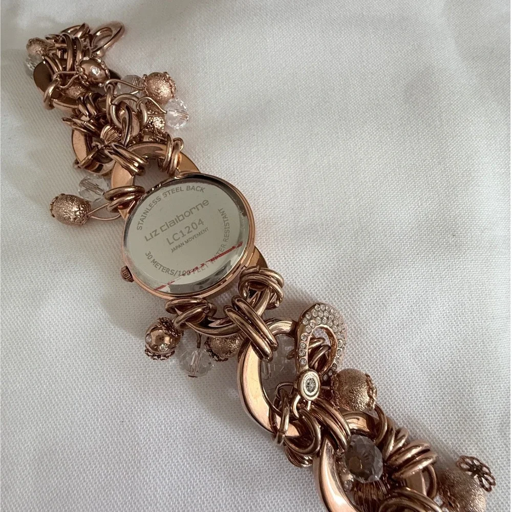 Liz Claiborne Charm Bracelet Watch Womens OS Rose Gold Excellent Crystal LC1204